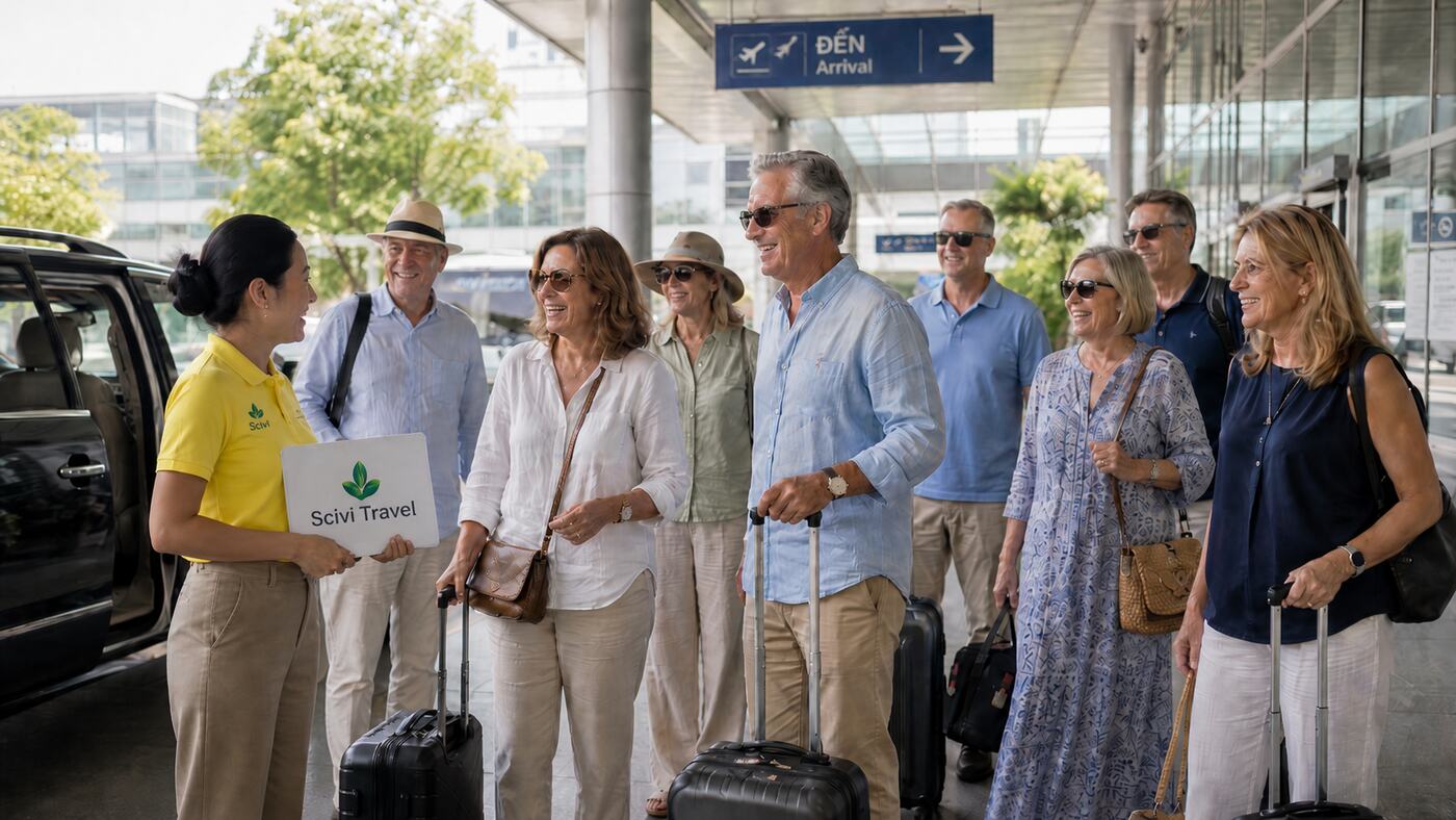 Scivi Travel guide welcoming group travelers at the airport