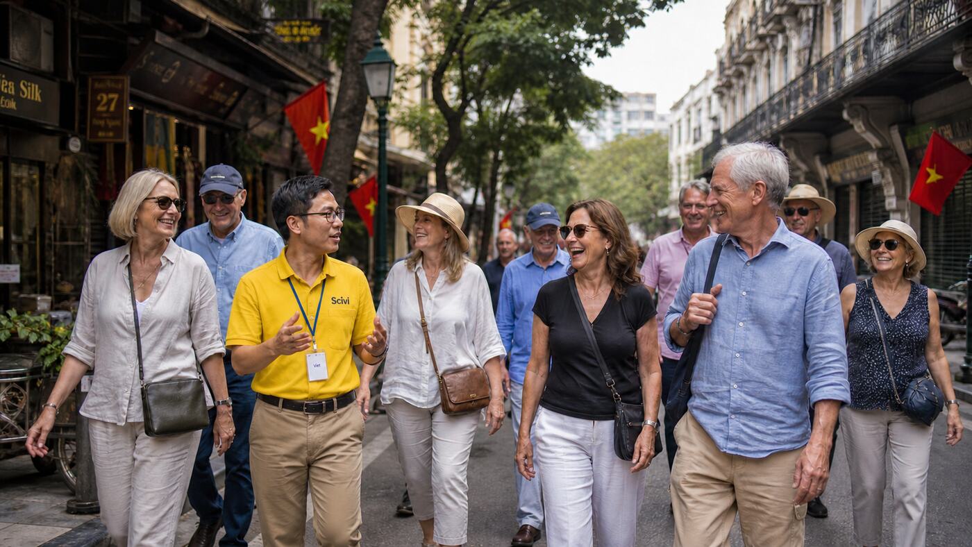 Travelers on a guided Hanoi walking tour with a Scivi guide