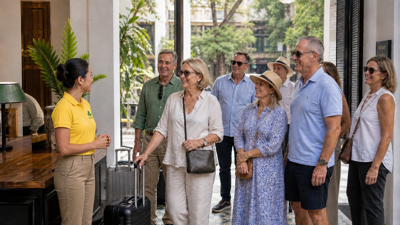 Scivi guide welcoming group travelers at a Vietnam hotel