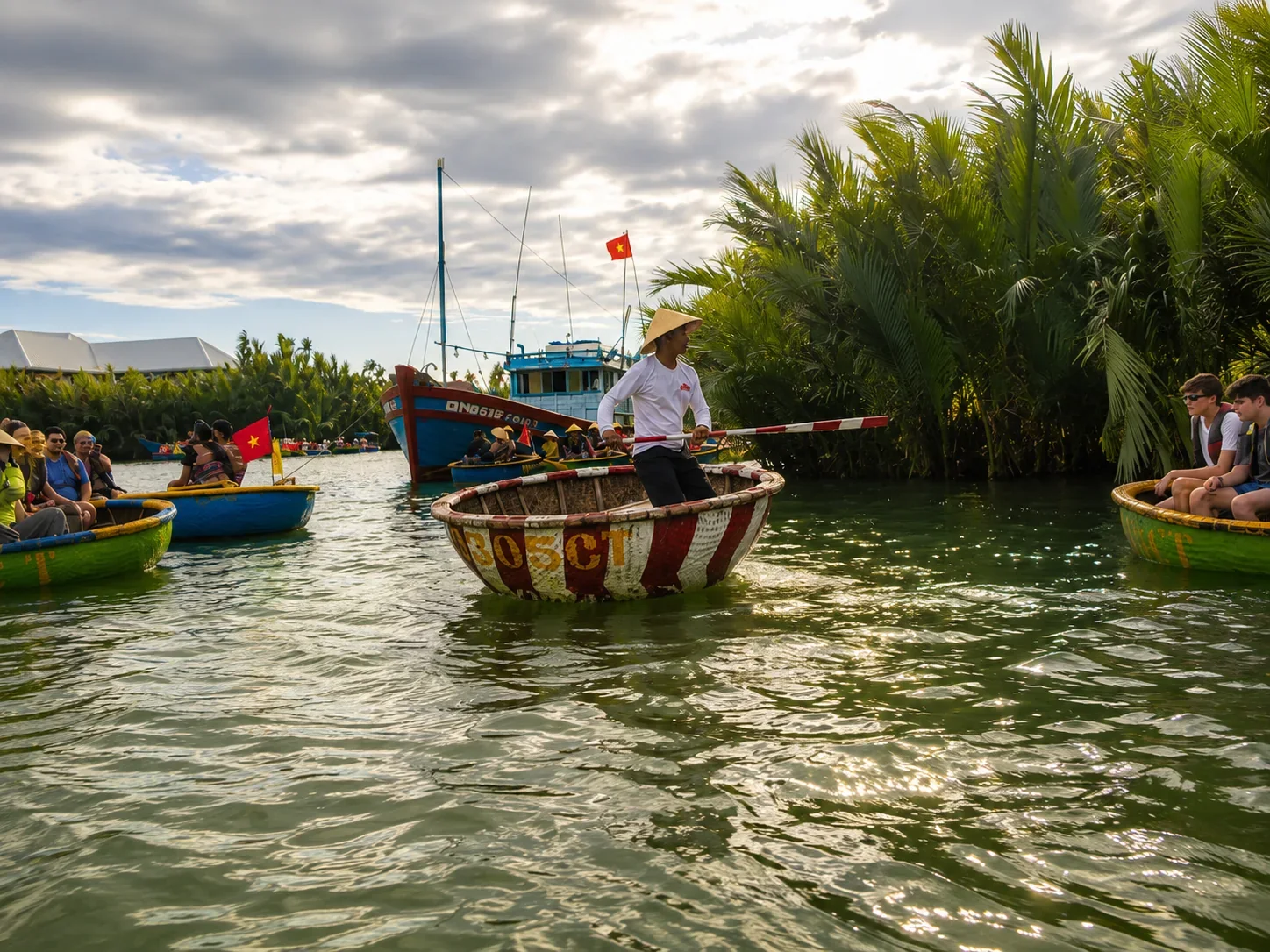 Basket boats on a river near Hoi An