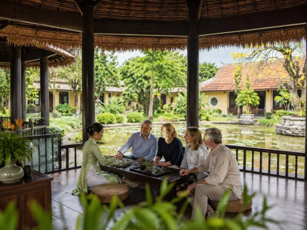 Mature travellers during a quiet pavilion and cultural visit in Vietnam