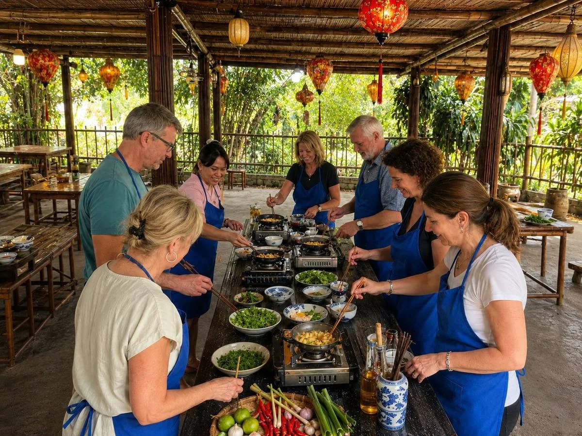 Mature travellers preparing Vietnamese food in an open-air cooking class